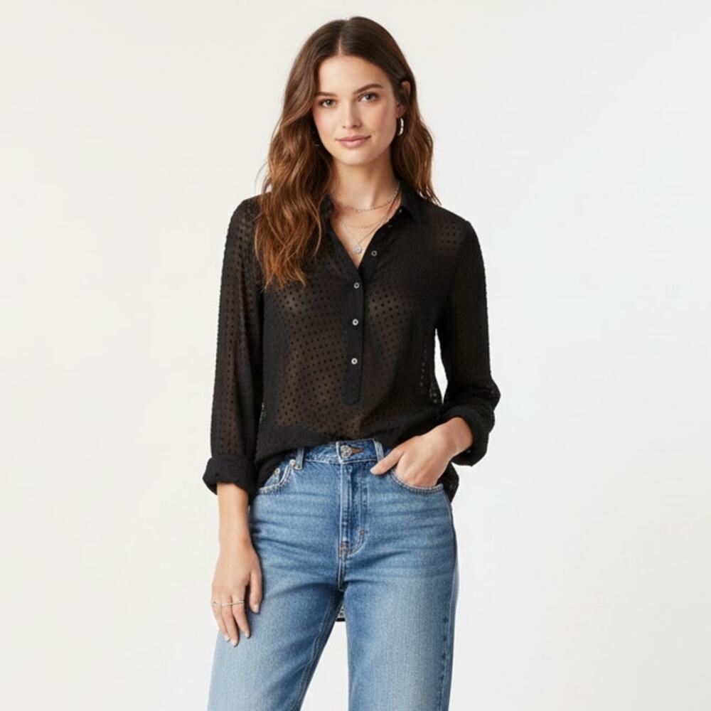 Equipment Femme Women's Sheer 1/2 button popover top in Black sz XS